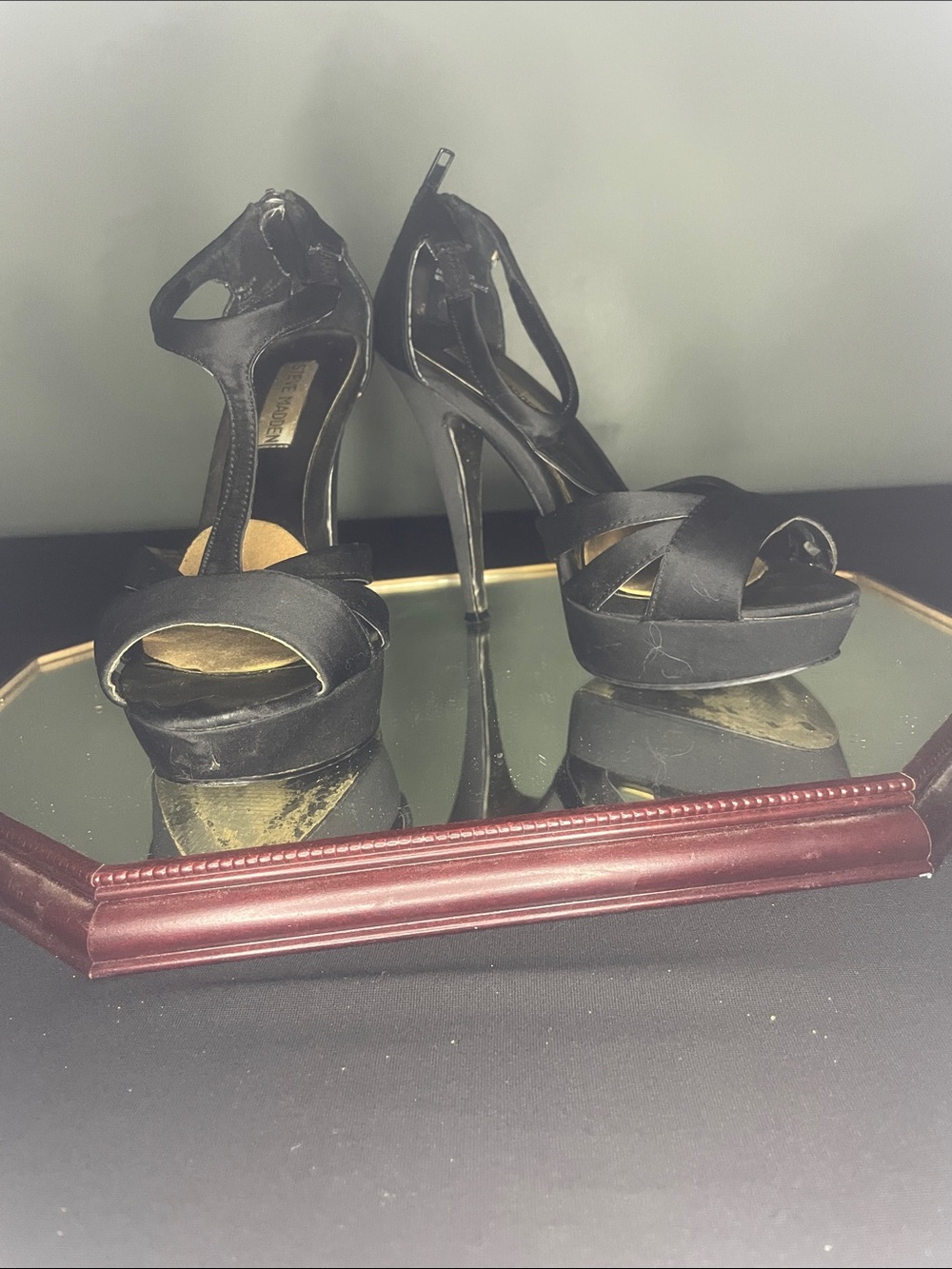 Steve Madden Black Satin Platform T-Strap Heels